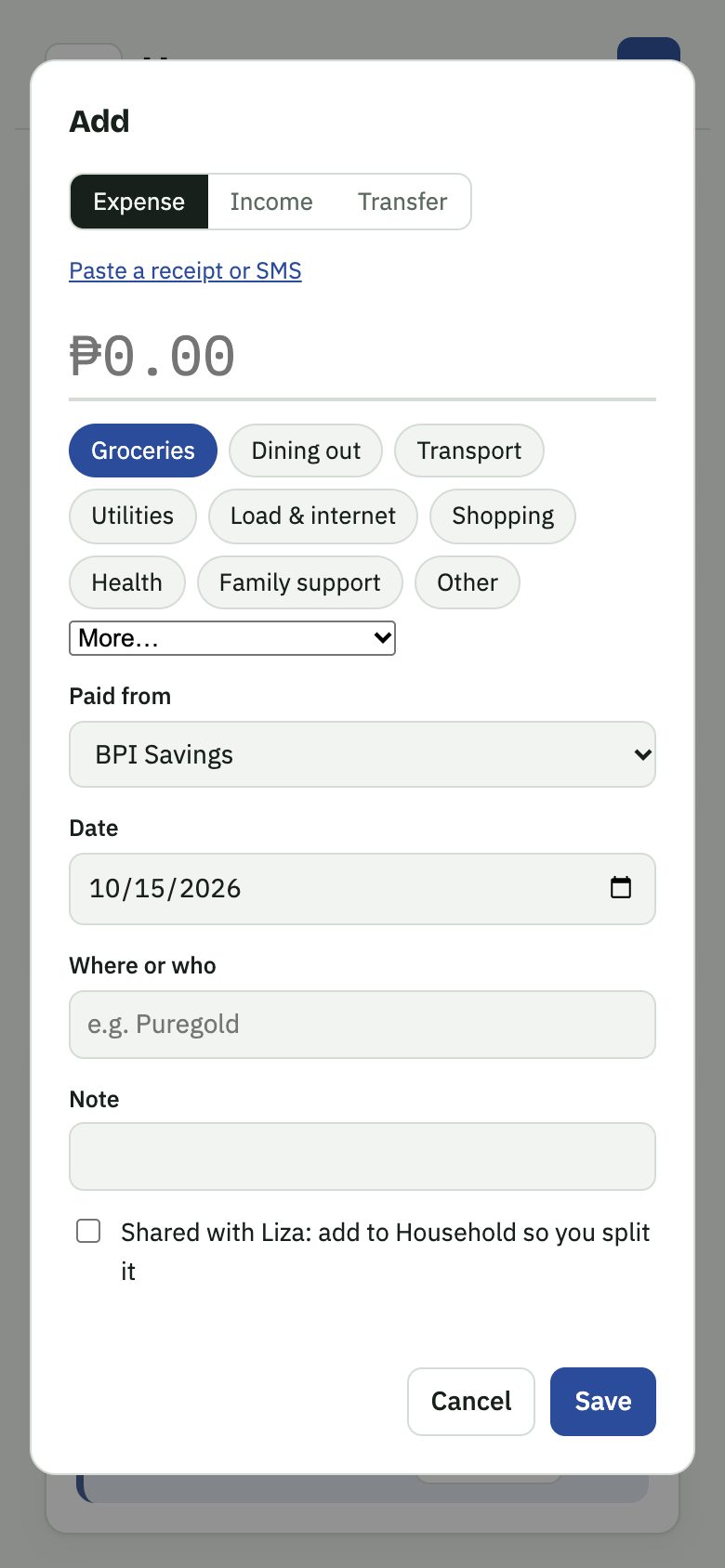 Adding an expense