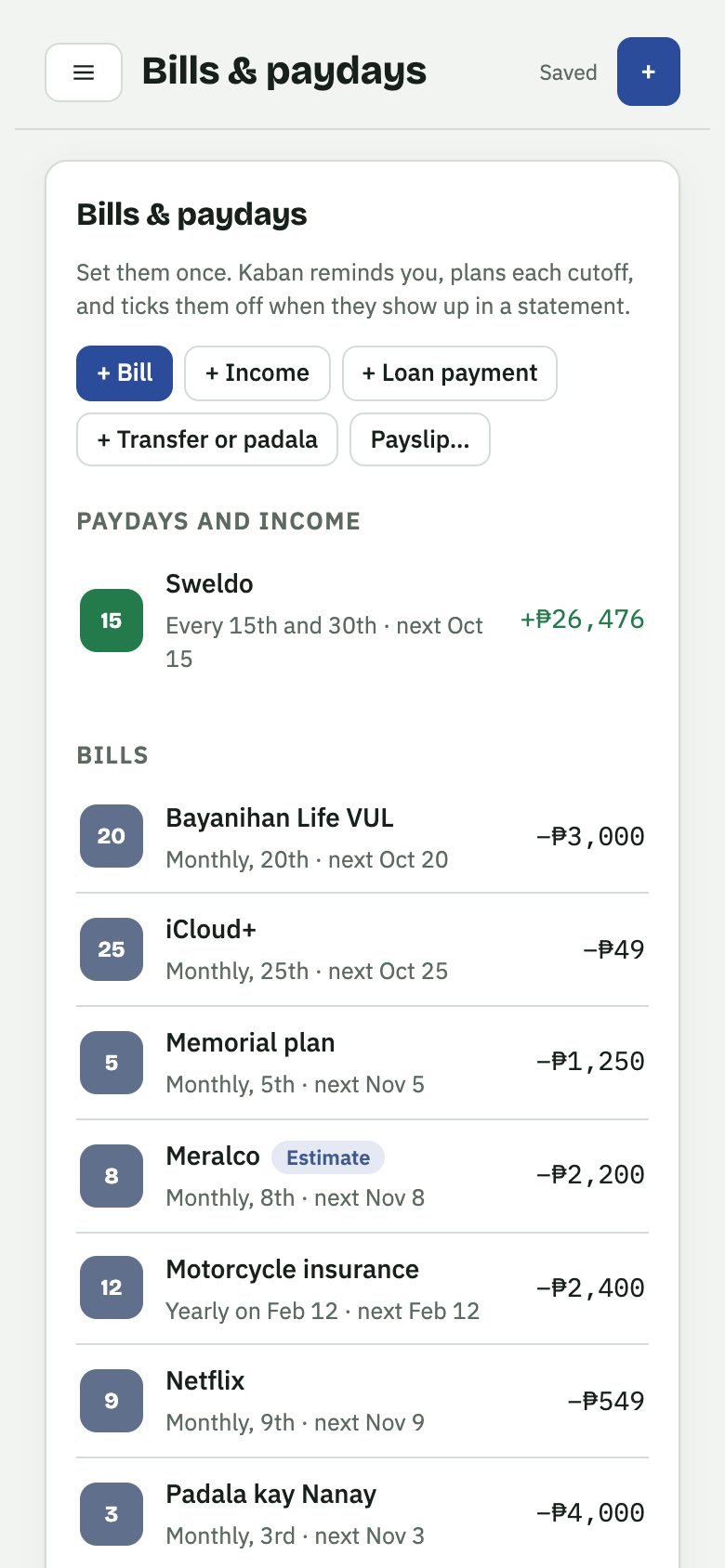 Bills and paydays