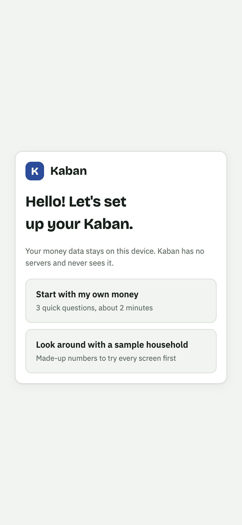Kaban welcome screen